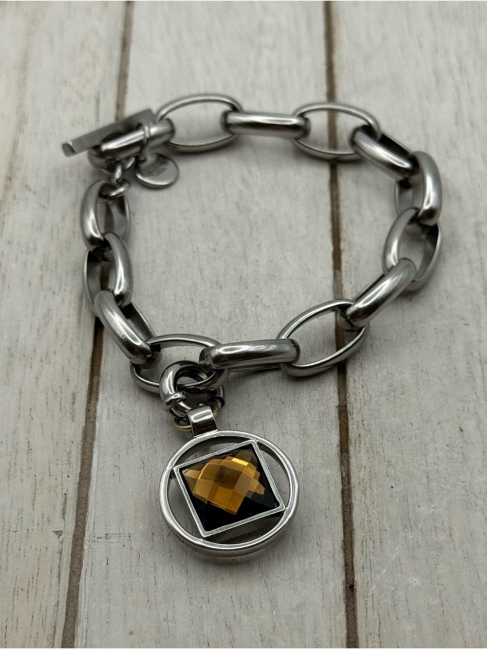 Dyrberg Kern silver-toned chunky link bracelet with brown stone